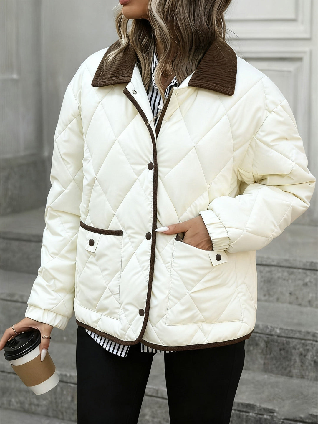 Women's quilted diamond jacket with fold-over collar
