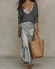 Women's V-neck maxi dress set with ruched skirt and coordinating knit layer