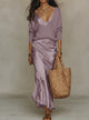 Women's V-neck maxi dress set with ruched skirt and coordinating knit layer