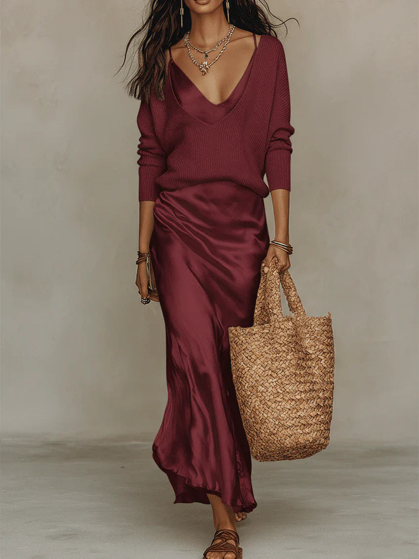 Women's V-neck maxi dress set with ruched skirt and coordinating knit layer