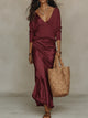 Women's V-neck maxi dress set with ruched skirt and coordinating knit layer
