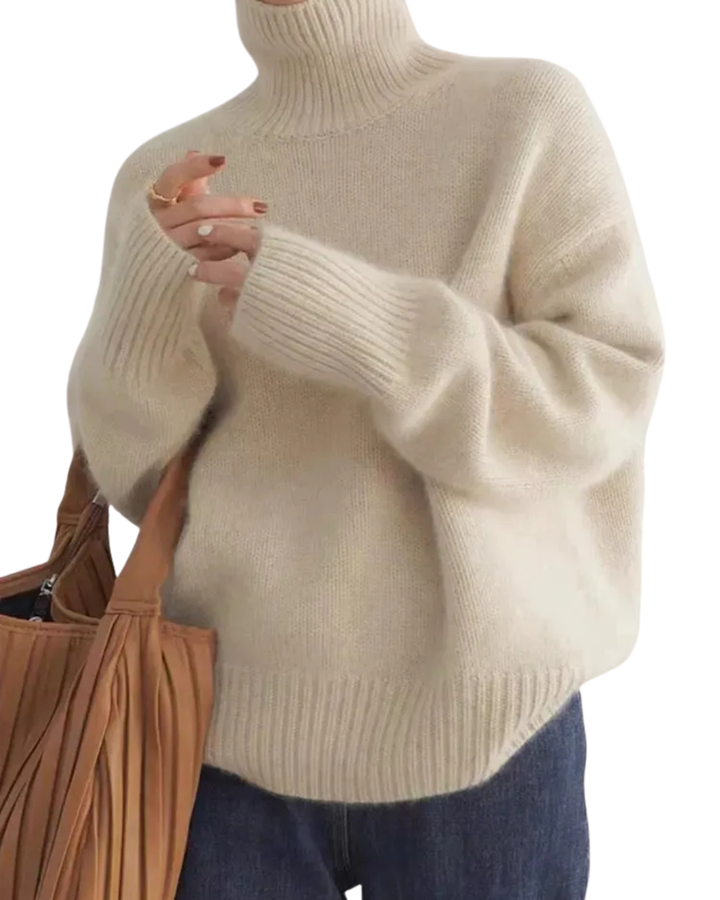 Women's ribbed turtleneck sweater with long sleeves and relaxed fit