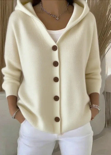 Women's hooded button-front cardigan with long sleeves and ribbed knit texture