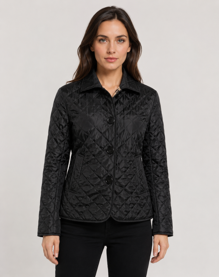 Women's diamond-quilted jacket with turn-down collar and button front