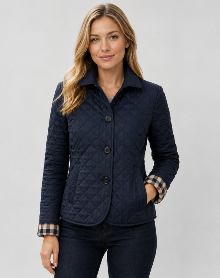 Women's diamond-quilted jacket with turn-down collar and button front