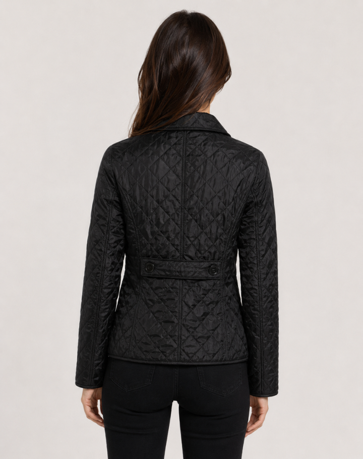 Women's diamond-quilted jacket with turn-down collar and button front