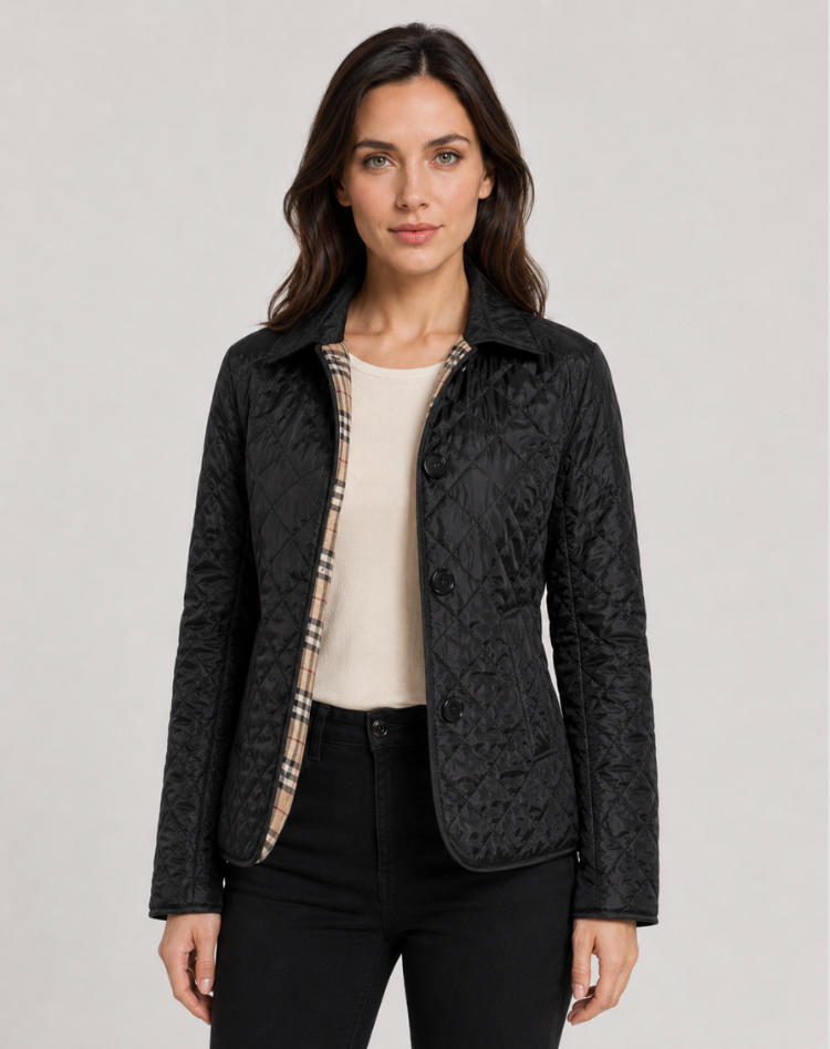 Women's diamond-quilted jacket with turn-down collar and button front