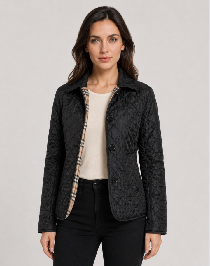 Women's diamond-quilted jacket with turn-down collar and button front