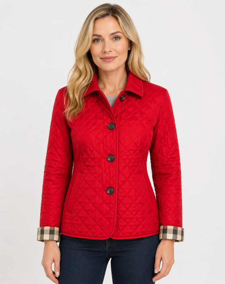 Women's diamond-quilted jacket with turn-down collar and button front