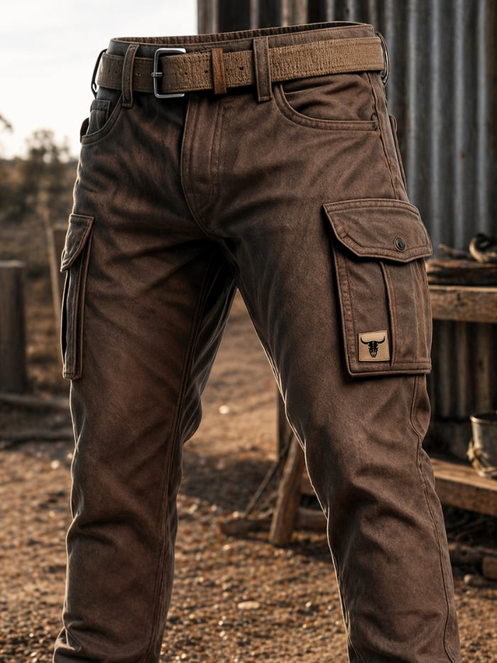 Brown cargo trousers with button flap pockets and matching belt