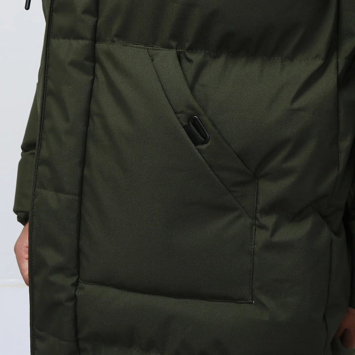 Men's longline hooded puffer coat with quilted panels and front pockets