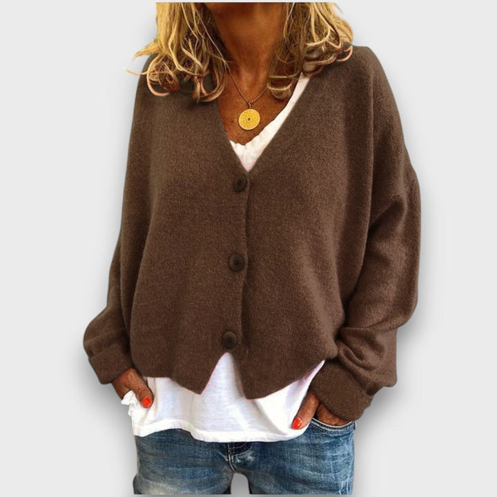 Women's V-neck knit cardigan with long sleeves and button front
