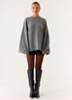 Women's grey oversized knit sweater with crew neck and wide bell sleeves