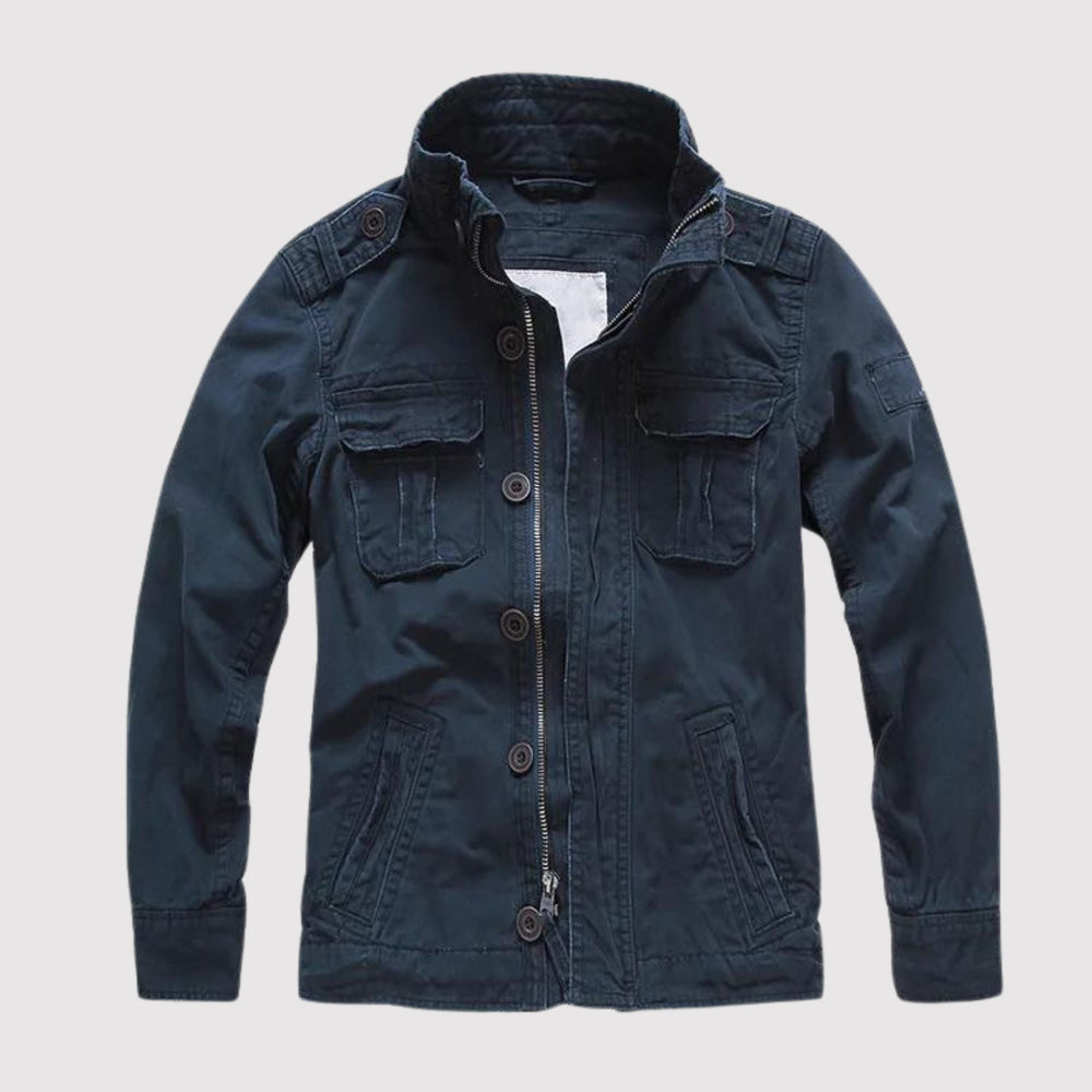 Men's solid field jacket with stand collar, long sleeves, zipper and multiple utility pockets