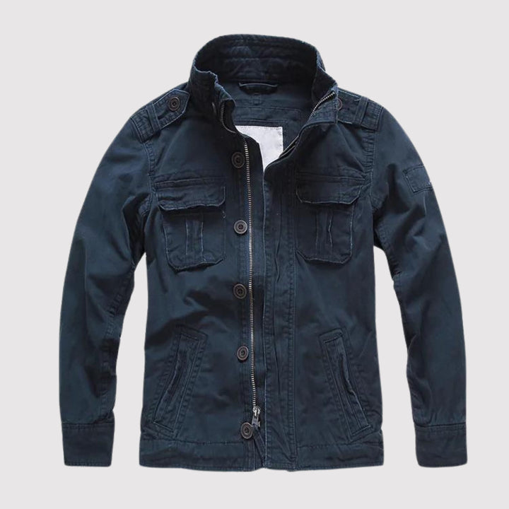 Men's solid field jacket with stand collar, long sleeves, zipper and multiple utility pockets