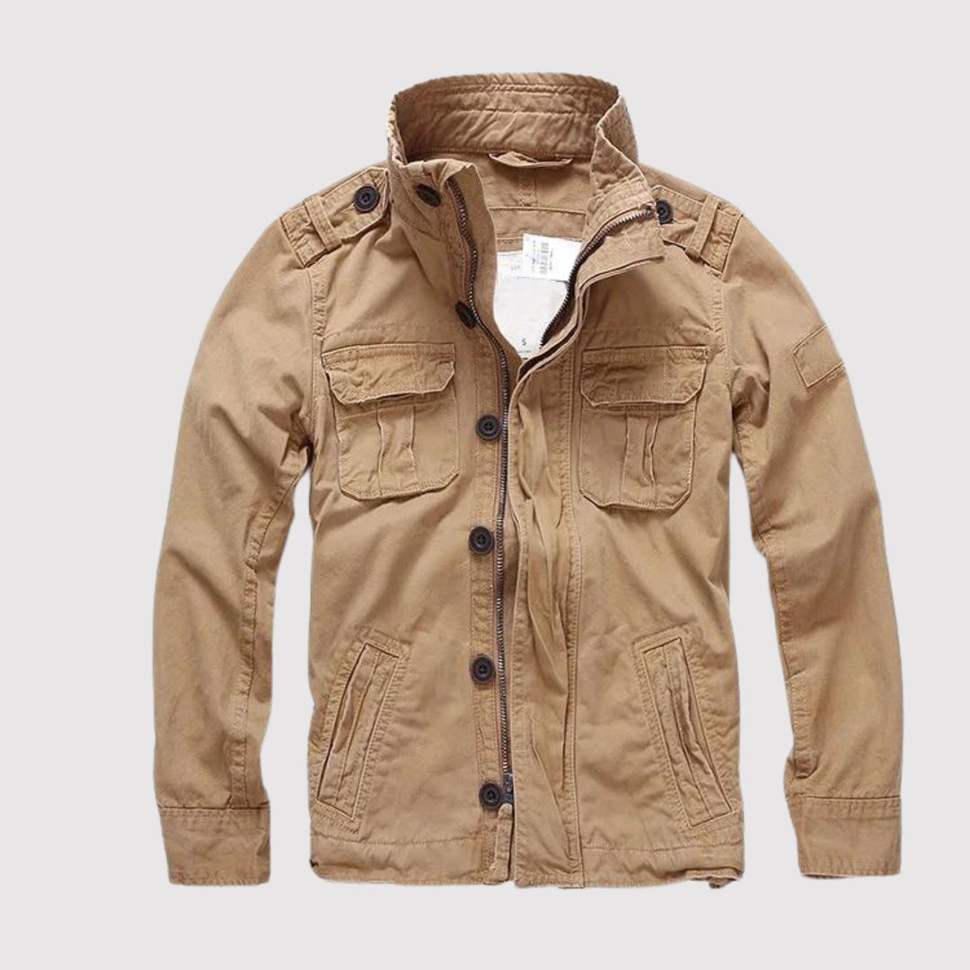 Men's solid field jacket with stand collar, long sleeves, zipper and multiple utility pockets