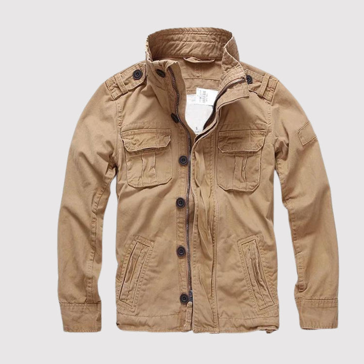 Men's solid field jacket with stand collar, long sleeves, zipper and multiple utility pockets