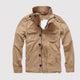Men's solid field jacket with stand collar, long sleeves, zipper and multiple utility pockets