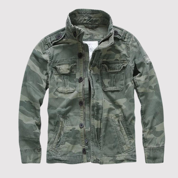 Men's solid field jacket with stand collar, long sleeves, zipper and multiple utility pockets