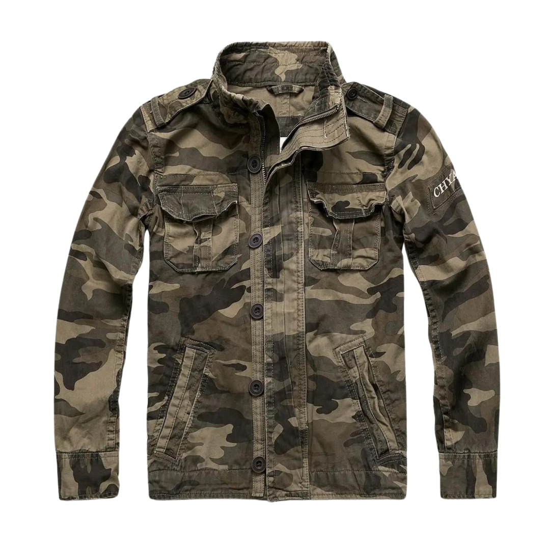 Men's solid field jacket with stand collar, long sleeves, zipper and multiple utility pockets