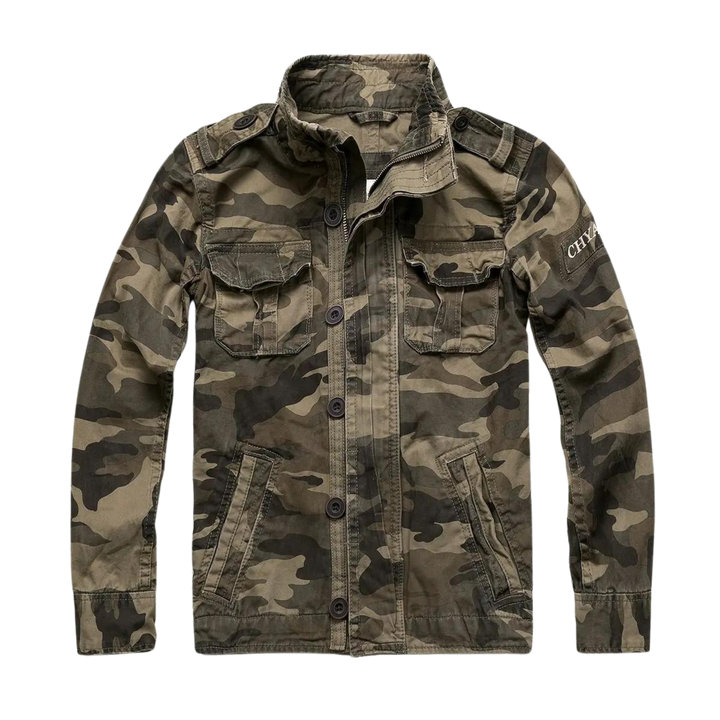 Men's solid field jacket with stand collar, long sleeves, zipper and multiple utility pockets