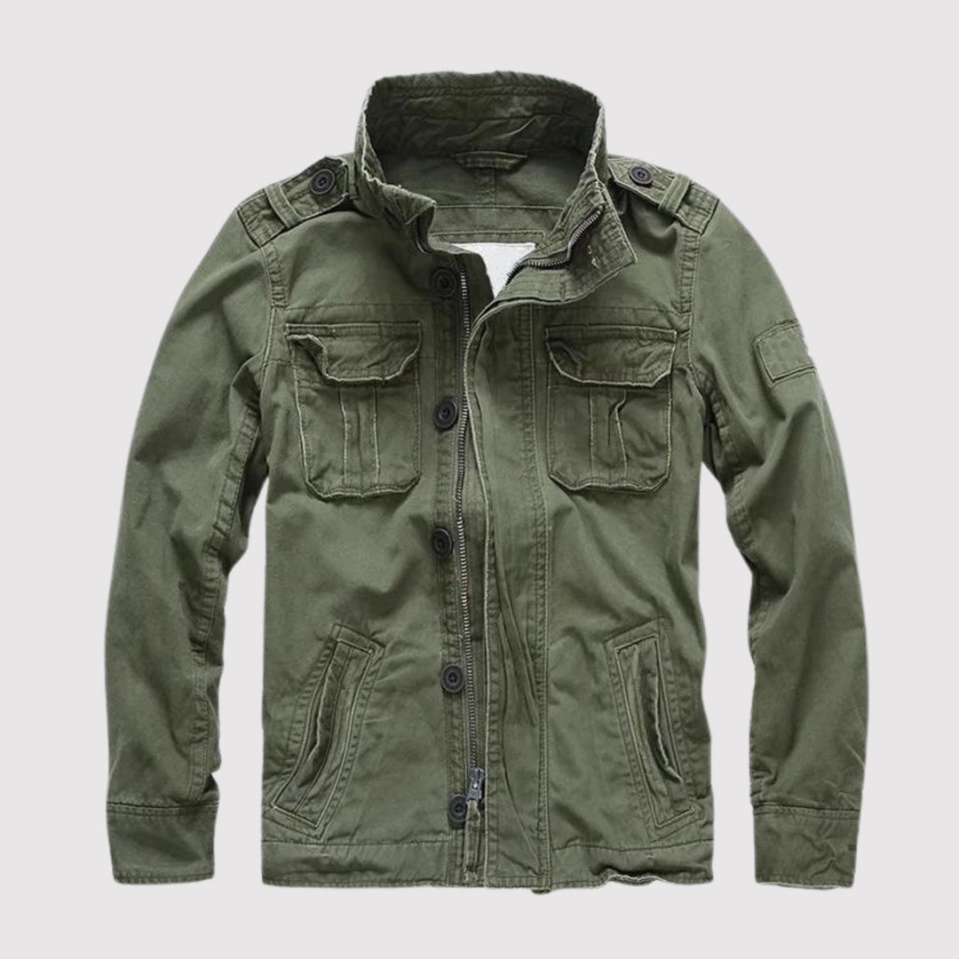 Men's solid field jacket with stand collar, long sleeves, zipper and multiple utility pockets