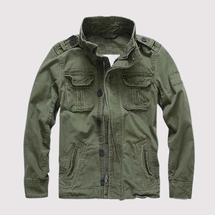 Men's solid field jacket with stand collar, long sleeves, zipper and multiple utility pockets