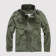 Men's solid field jacket with stand collar, long sleeves, zipper and multiple utility pockets