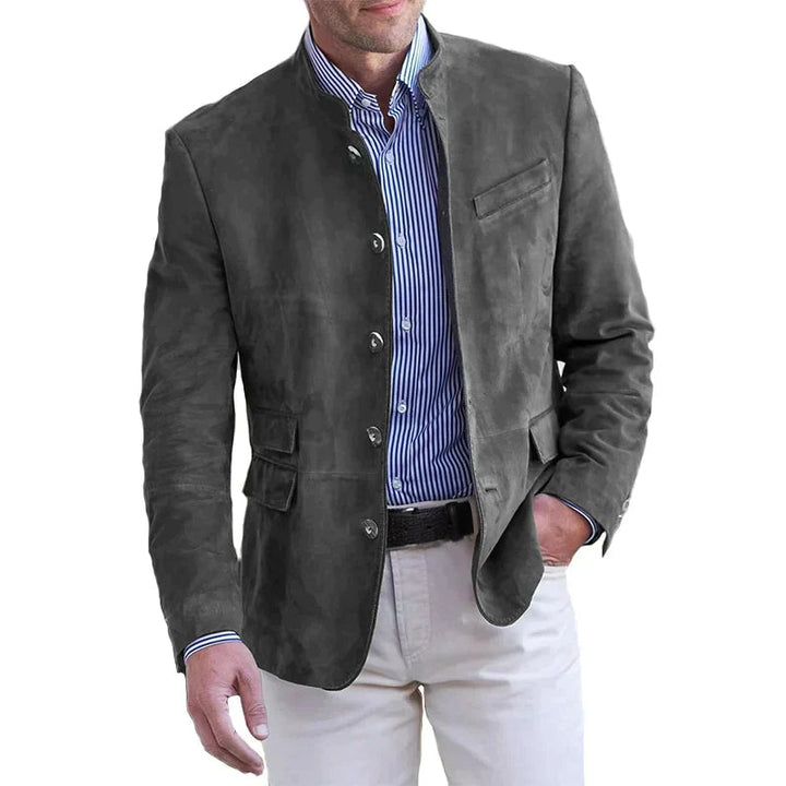 Men's mandarin collar button front jacket with chest and flap pockets