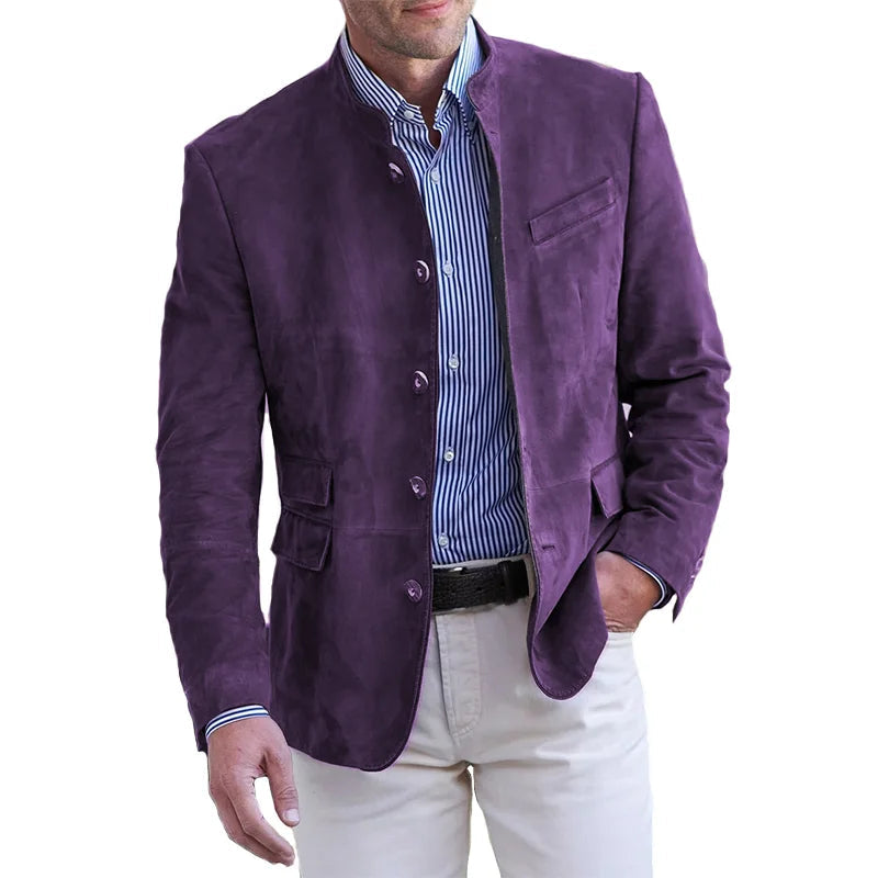 Men's mandarin collar button front jacket with chest and flap pockets