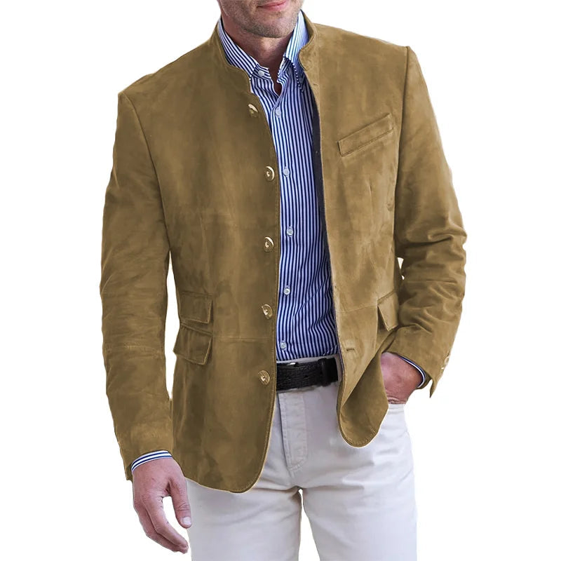 Men's mandarin collar button front jacket with chest and flap pockets