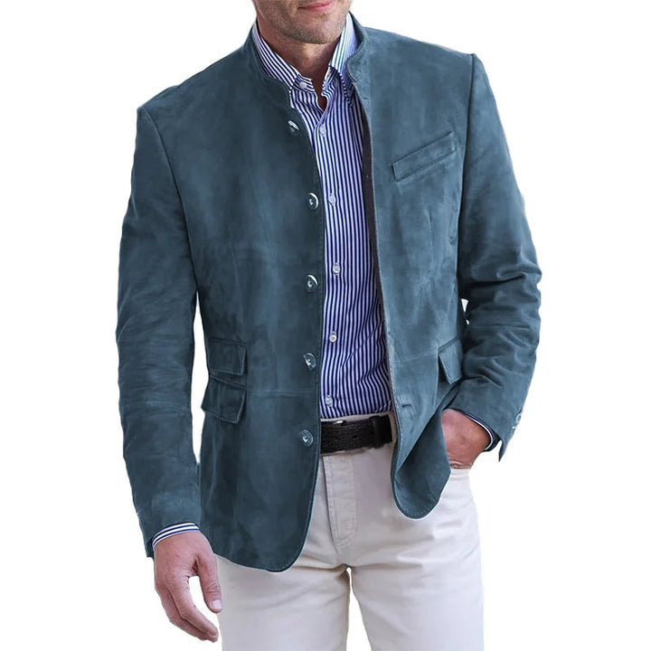 Men's mandarin collar button front jacket with chest and flap pockets