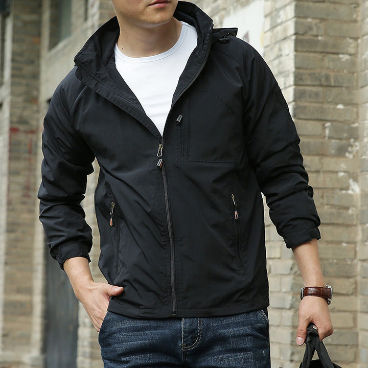 Men's stand collar jacket with zip front and zipped pockets