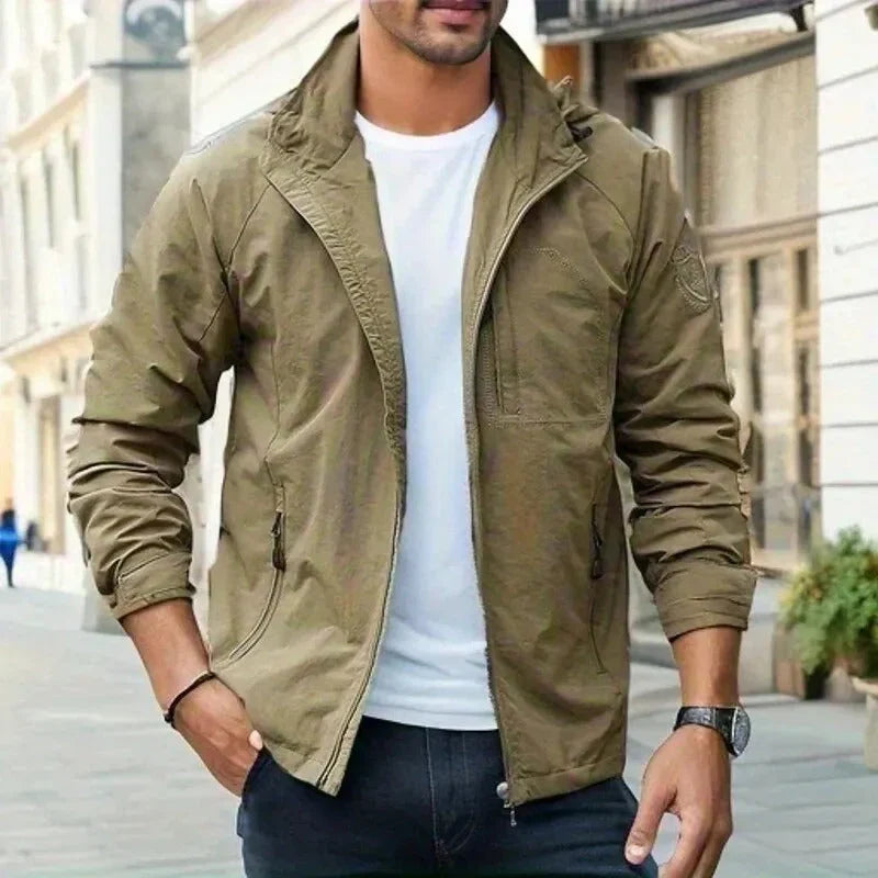 Men's stand collar jacket with zip front and zipped pockets