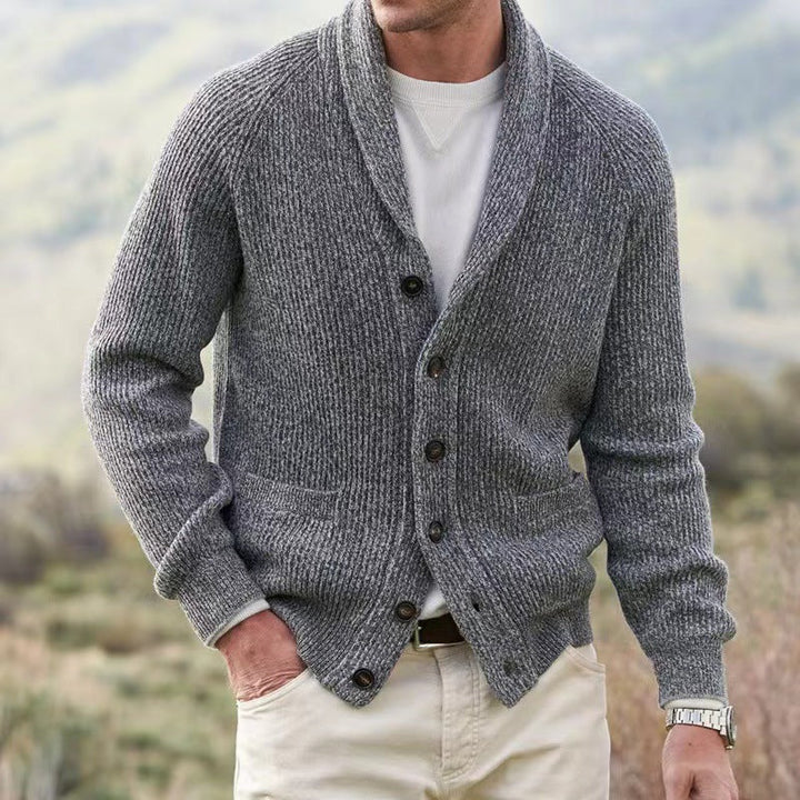 Men's ribbed knit cardigan with shawl collar, button front and patch pockets