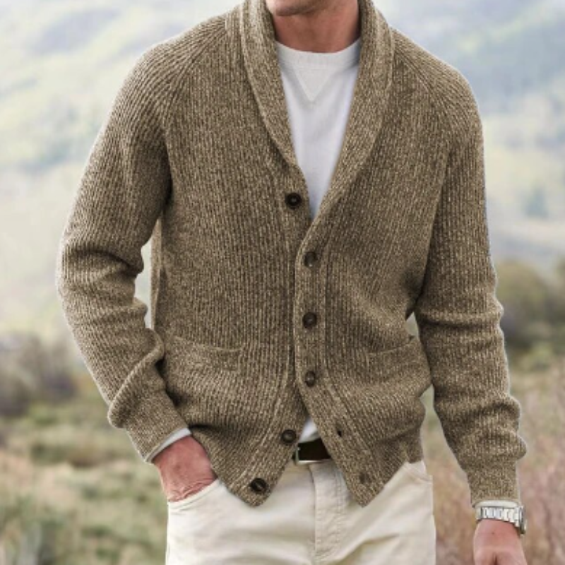 Men's ribbed knit cardigan with shawl collar, button front and patch pockets