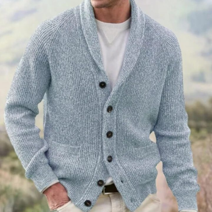 Men's ribbed knit cardigan with shawl collar, button front and patch pockets