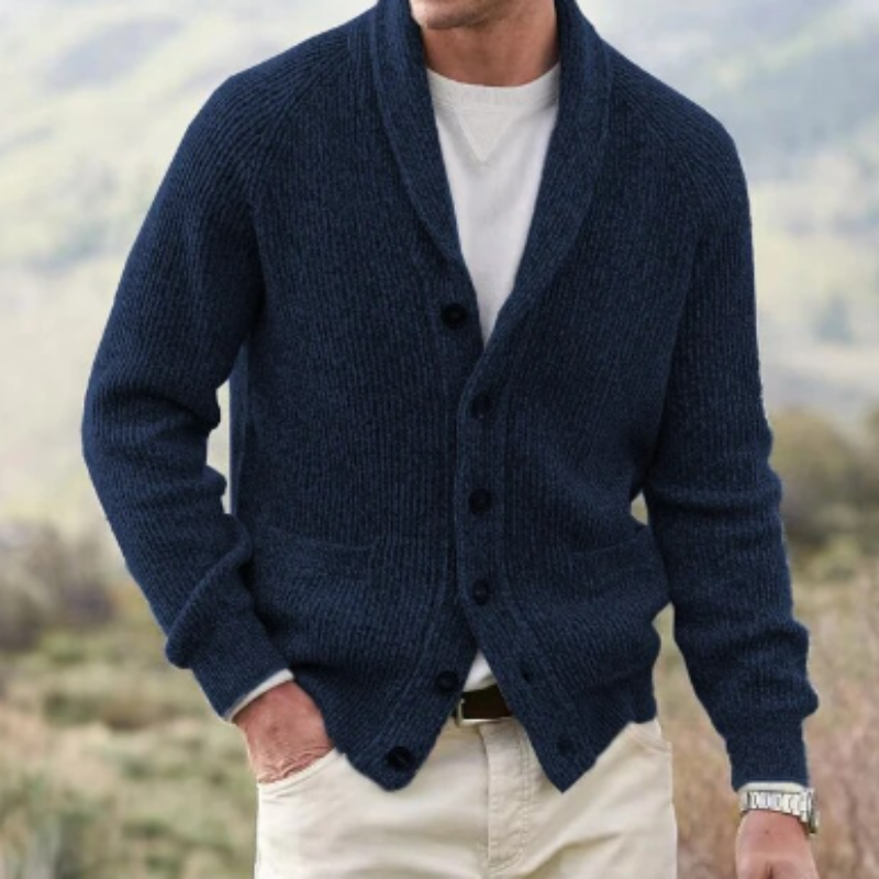 Men's ribbed knit cardigan with shawl collar, button front and patch pockets
