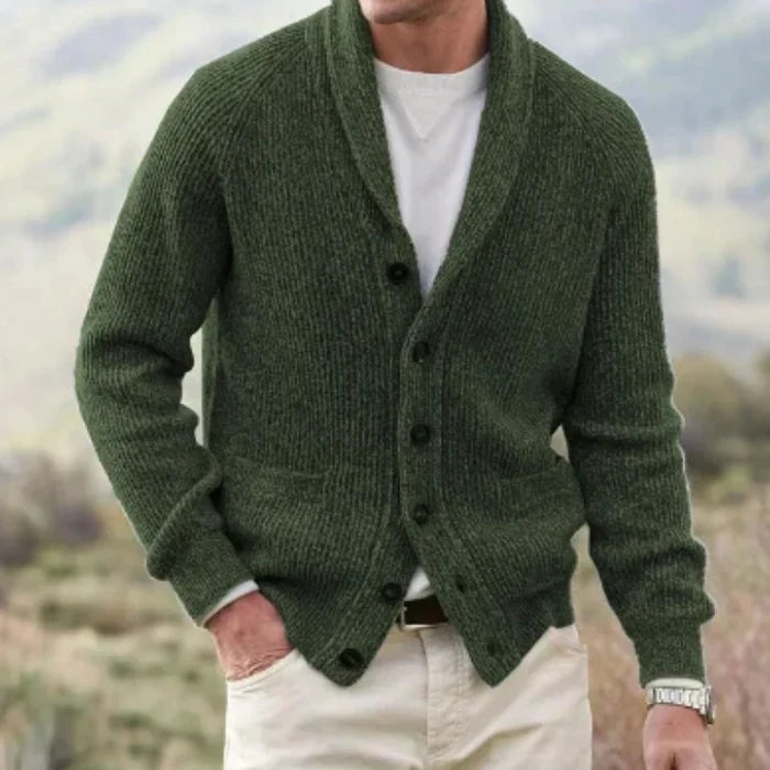 Men's ribbed knit cardigan with shawl collar, button front and patch pockets