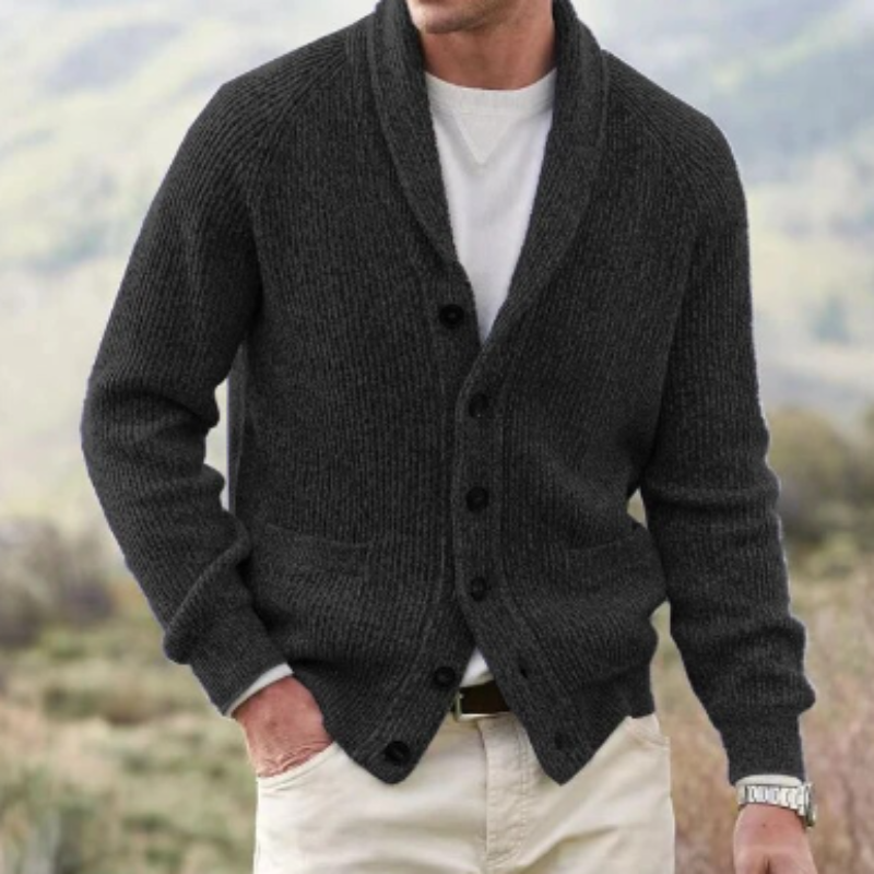 Men's ribbed knit cardigan with shawl collar, button front and patch pockets