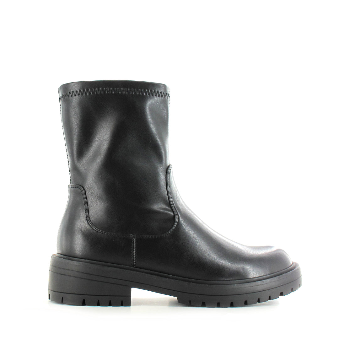 Women's black ankle biker boots with chunky lug soles and side zippers