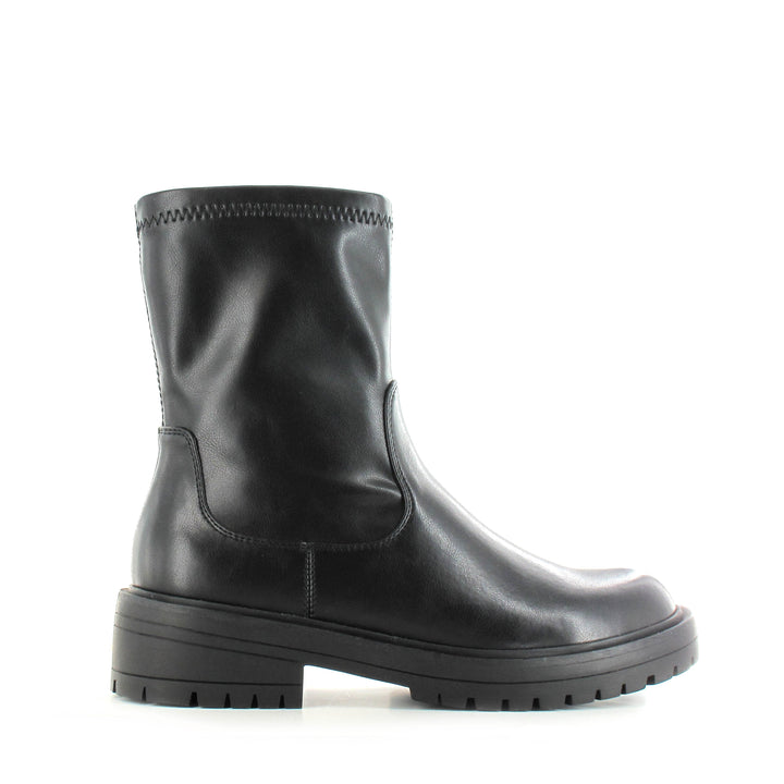 Women's black ankle biker boots with chunky lug soles and side zippers