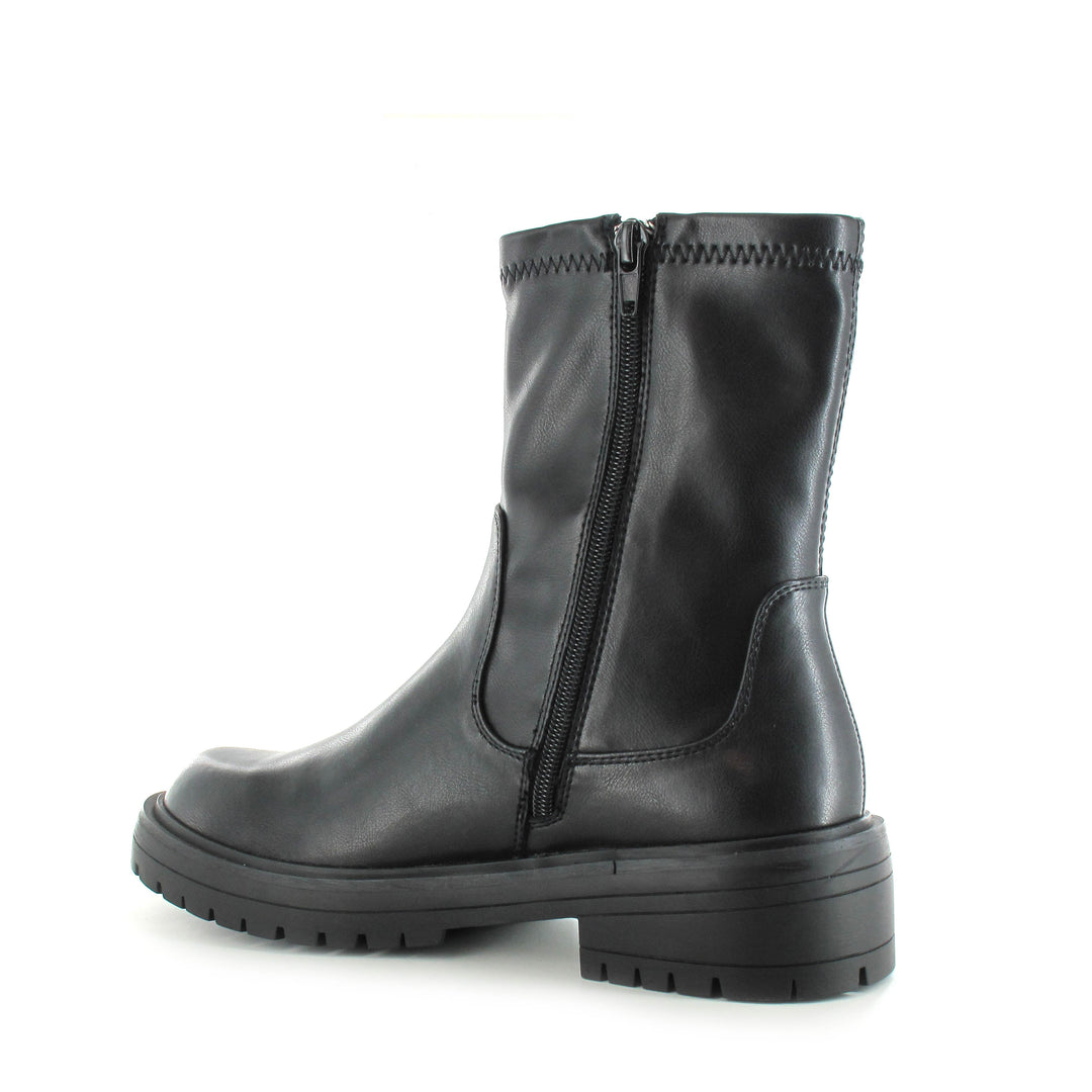 Women's black ankle biker boots with chunky lug soles and side zippers