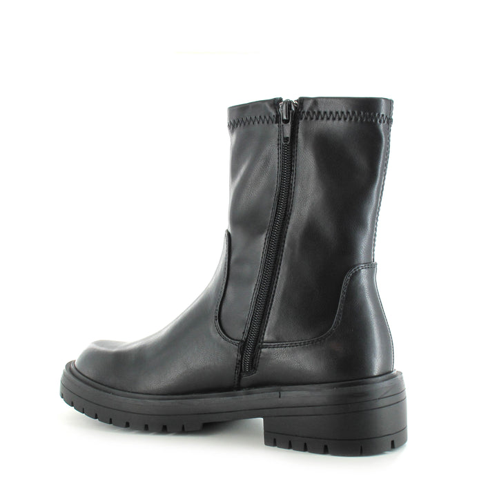 Women's black ankle biker boots with chunky lug soles and side zippers