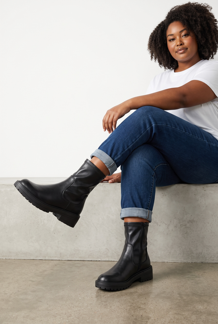 Women's black ankle biker boots with chunky lug soles and side zippers