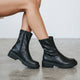 Women's black ankle biker boots with chunky lug soles and side zippers