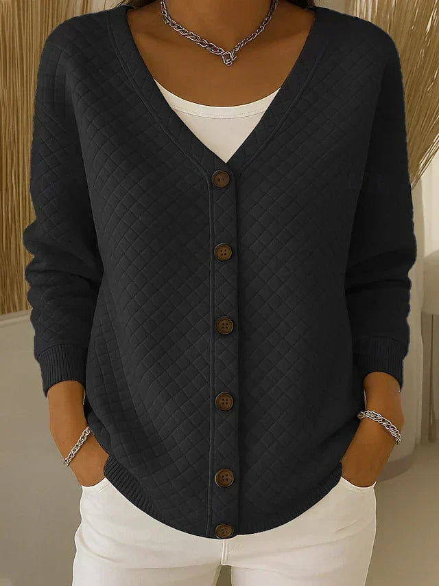 Women's diamond quilted button front cardigan with V-neck and long sleeves