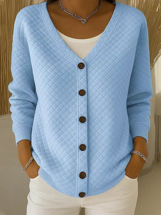 Women's diamond quilted button front cardigan with V-neck and long sleeves