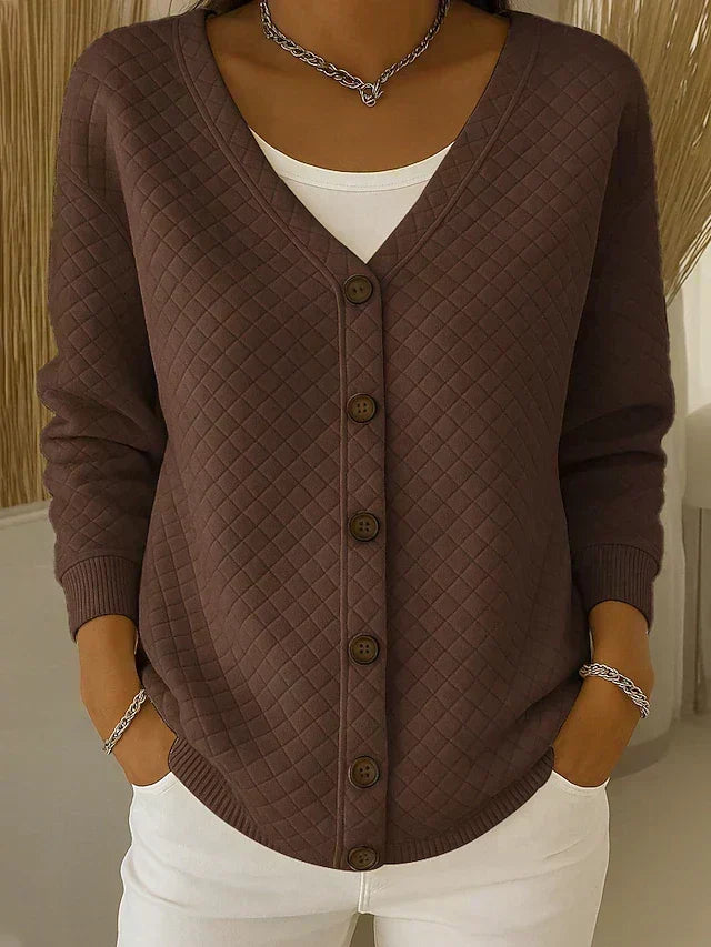 Women's diamond quilted button front cardigan with V-neck and long sleeves