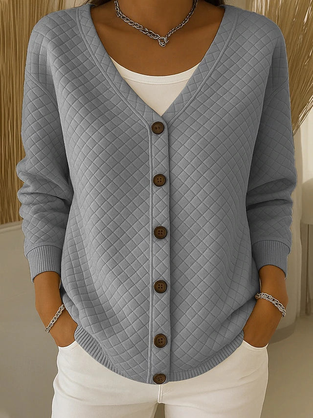 Women's diamond quilted button front cardigan with V-neck and long sleeves